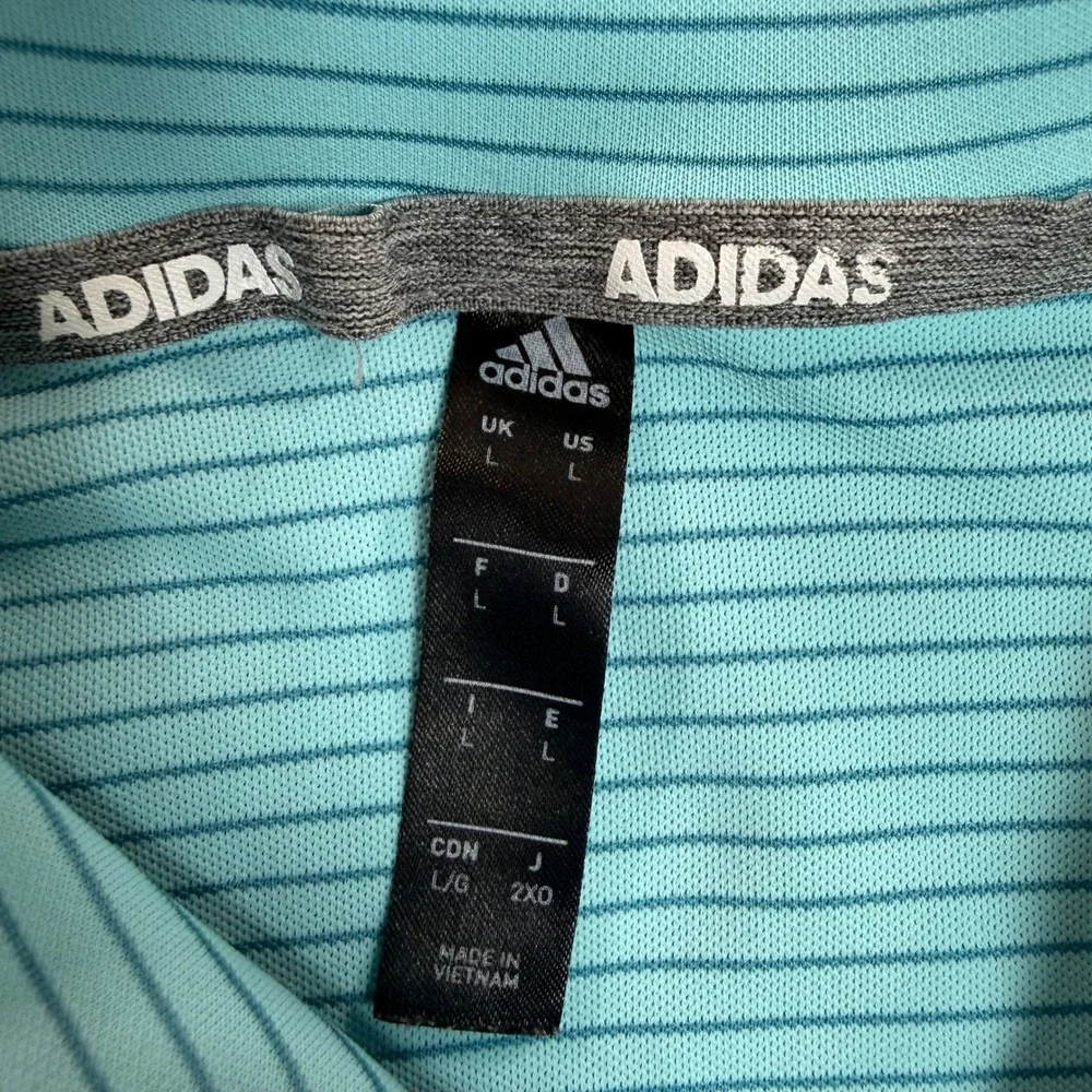 Adidas Mens Golf Polo Shirt Large Turquoise Blue Striped Short Sleeve Sport Top